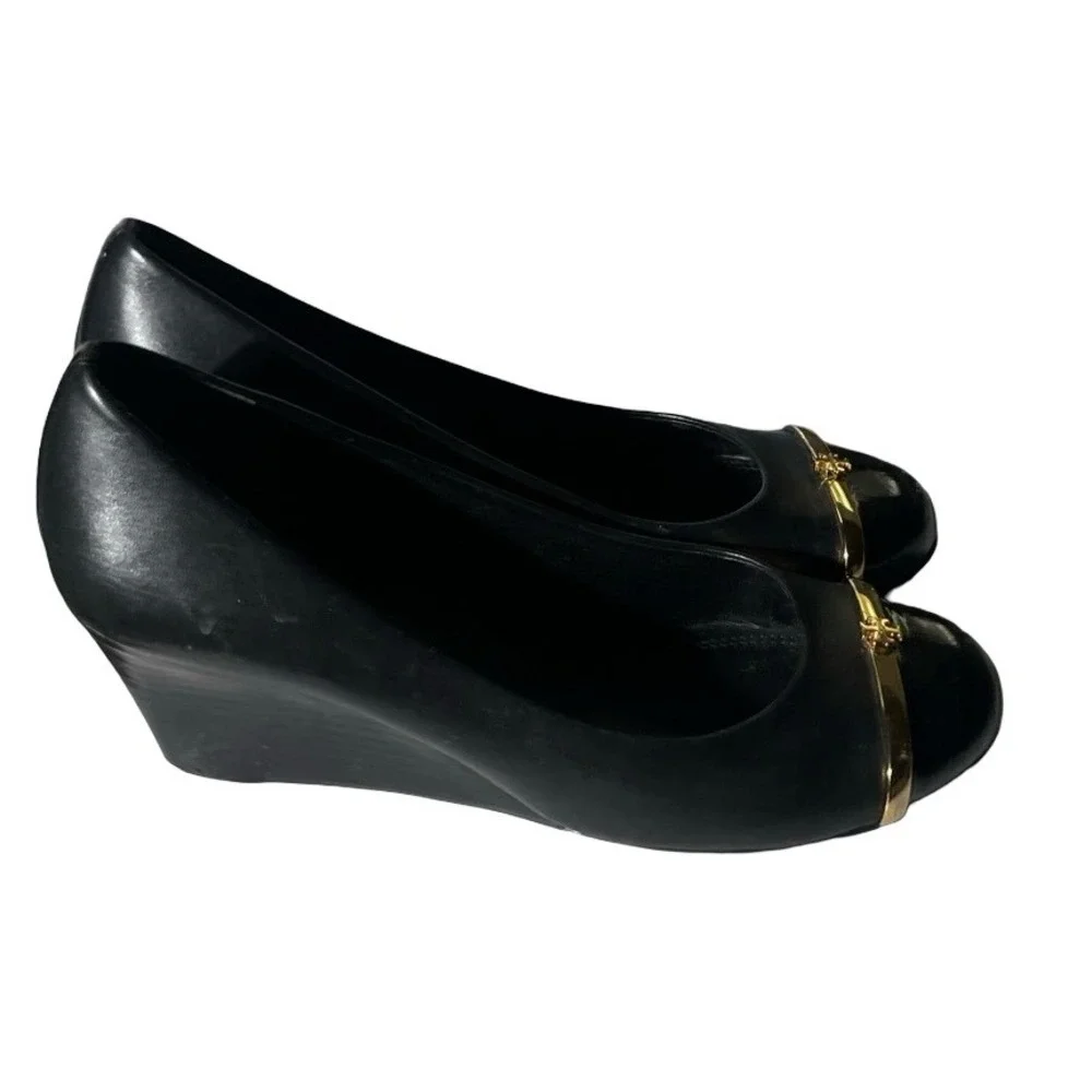 Tory Burch Black Leather Cap Toe Wedge Pumps Gold Logo Hardware Size 6.5